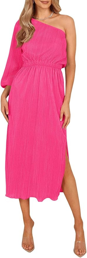 Wenrine Women's One Shoulder Midi Dress Long Sleeve Pleated High Waist Elegant Sexy Split Party D... | Amazon (US)