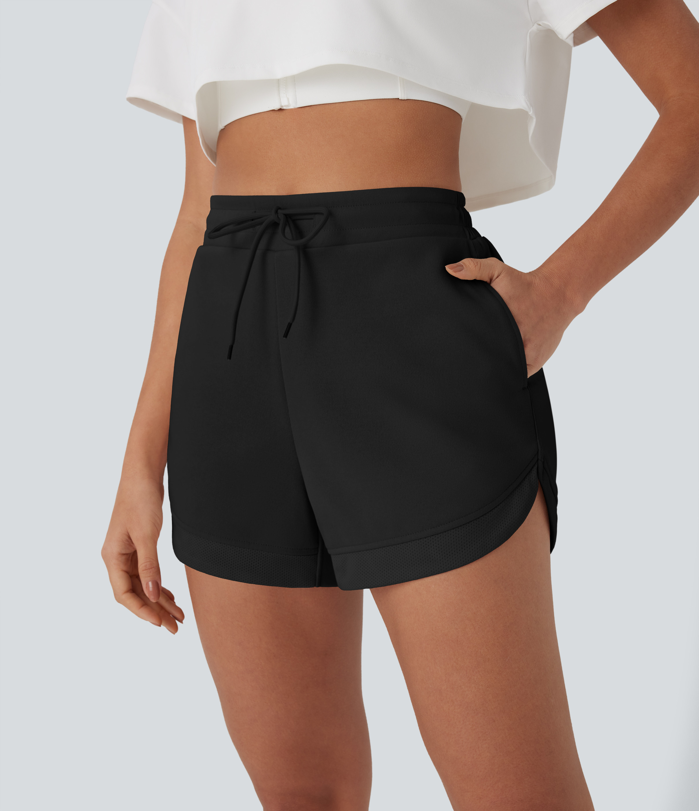 Halara High Waisted Drawstring Contrast Mesh Curved Hem Yoga Shorts with Pockets Gym Short - Black - XS booty shorts compression shorts | HALARA