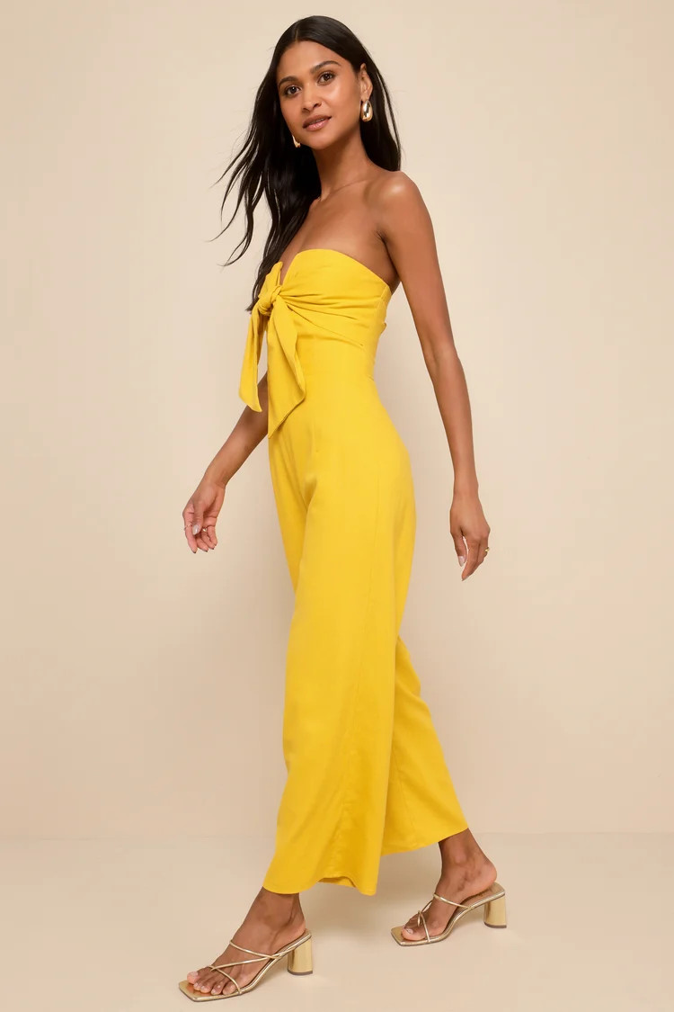 Sunshine Aura Mustard Yellow Tie-Front Strapless Jumpsuit | Lulus