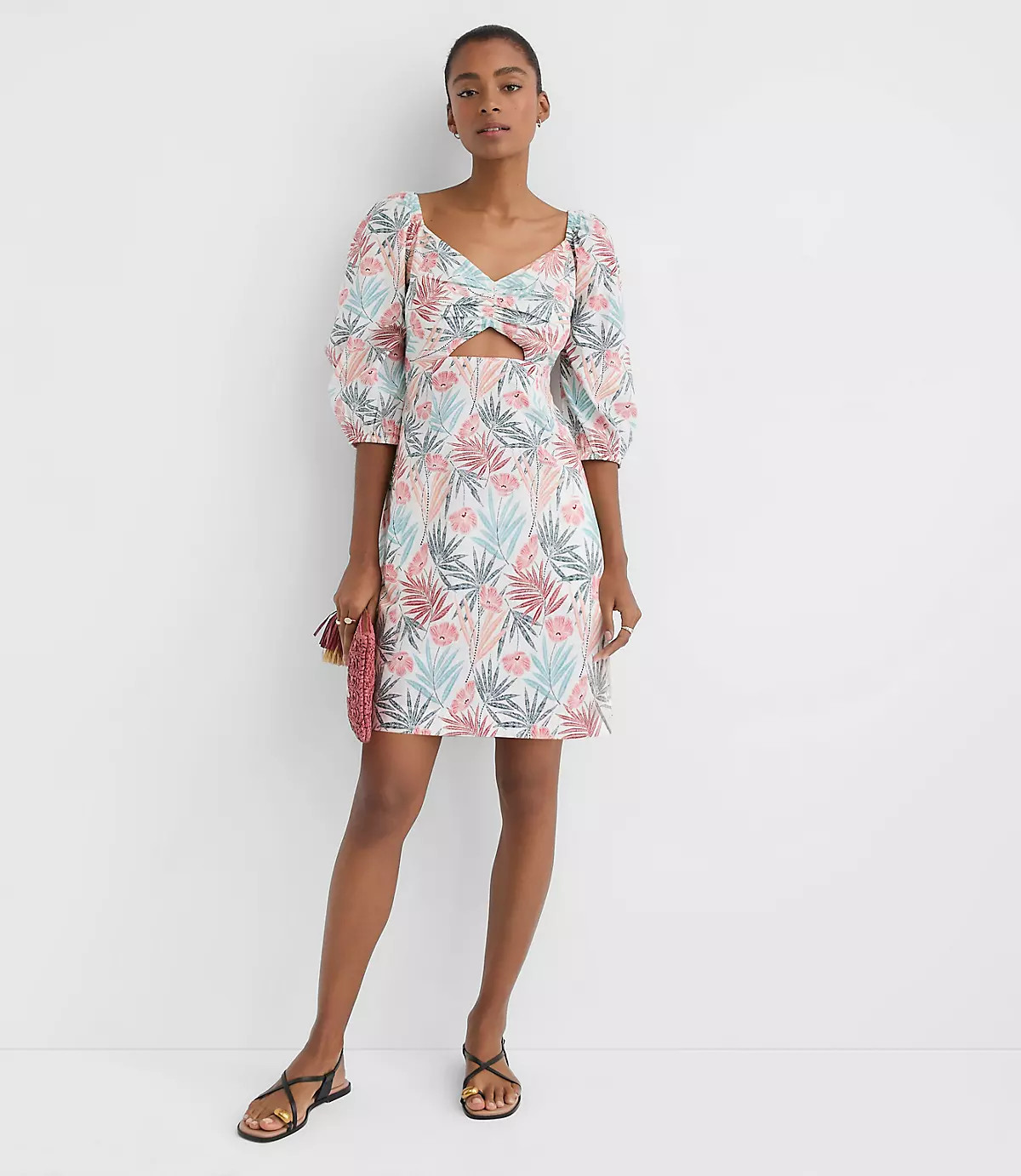 LOFT Beach Palm Linen Cotton Cutout Mini Dress | LOFT