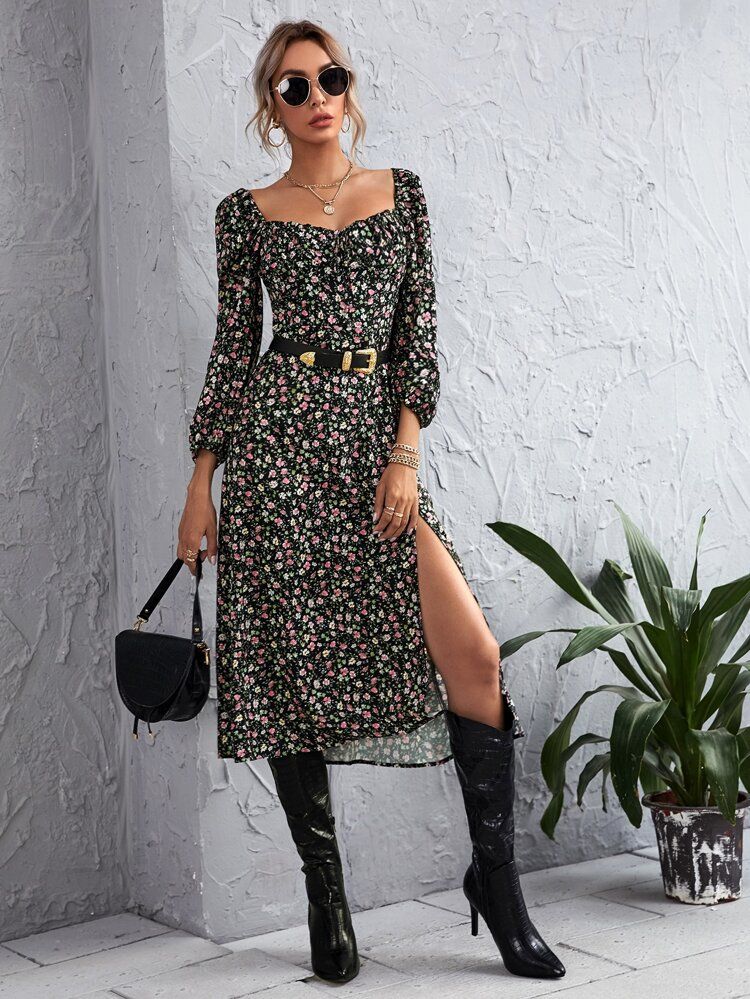 All Over Floral Print Split Thigh Dress Without Belt | SHEIN