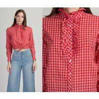 70S Red & White Plaid Ruffle Collar Shirt - Small | Vintage Rockabilly Metallic Long Sleeve Button U | Etsy (US)