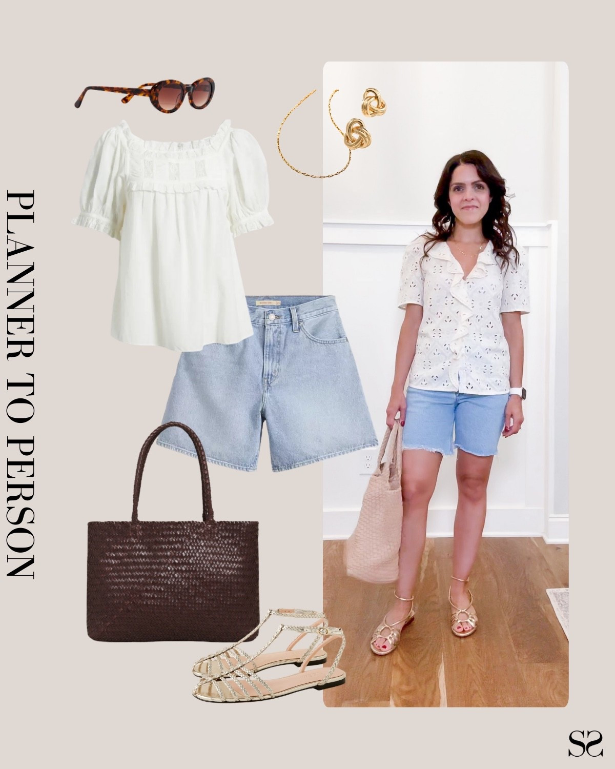 Planner to person | Monthly outfit planner AUGUST: Summer looks, revisit + rework outfit inspo | white feminine top, denim short, gold sandals, woven leather tote

#summeroutfit #casualstyle 


#LTKStyleTip #LTKSeasonal