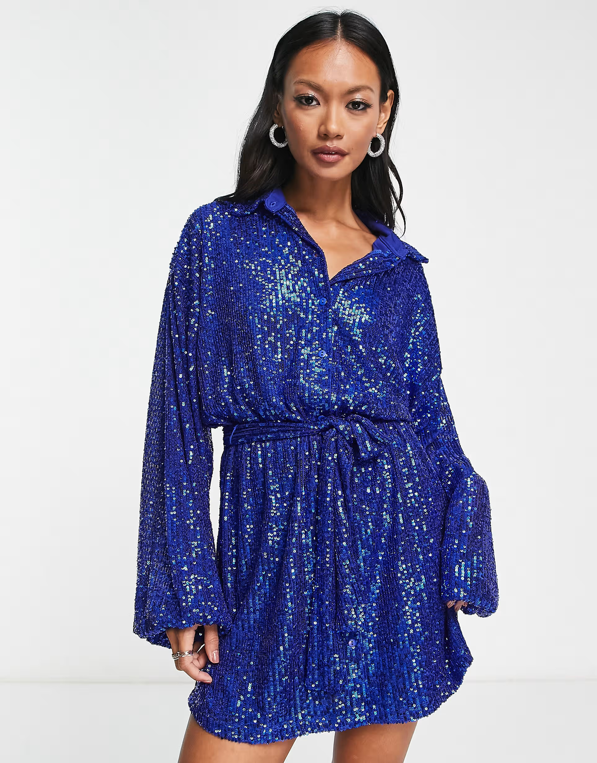 ASOS DESIGN oversized sequin mini shirt dress with belt in blue | ASOS (Global)