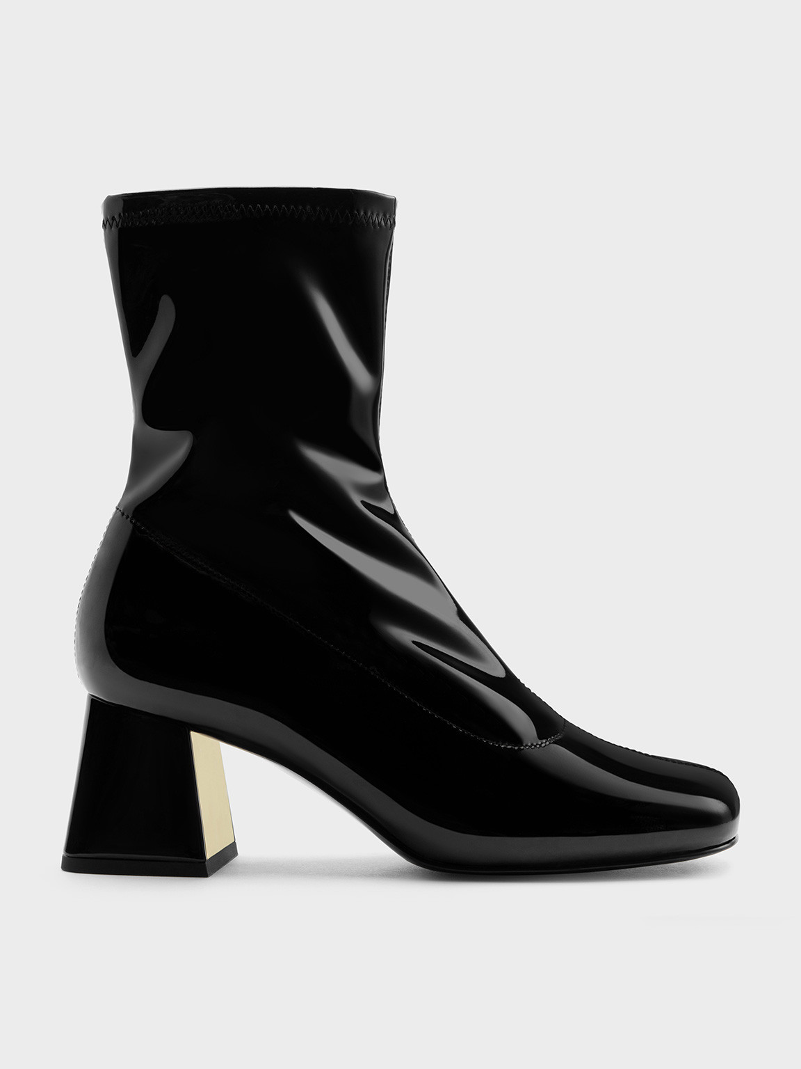 Patent Metallic Trapeze Heel Ankle Boots
 - Black Patent | Charles & Keith US