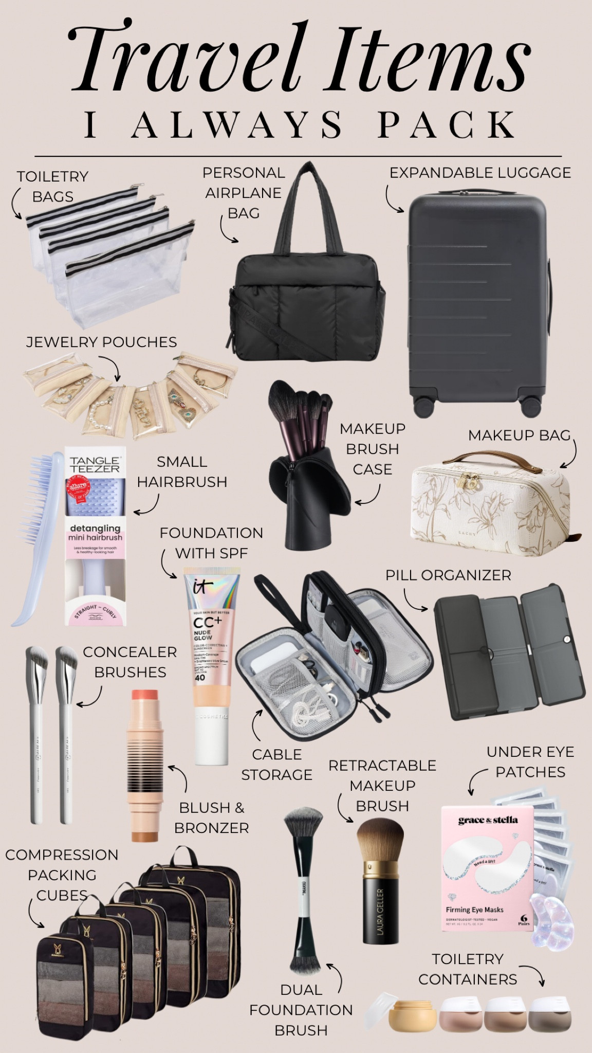 Travel items I always pack include clear toiletry bags, a duffle bag for the airplane, an expandable suitcase, jewelry pouches, a makeup brush case, makeup bag, mini hairbrush, foundation with spf, cable organizer, pill organizer, concealer brushes, a blush and bronzer stick, compression packing cubes, a dual foundation brush, a retractable makeup brush, under eye patches, and toiletry containers. 

Travel must haves, travel accessories, carry on must haves, fashion over 40, over 50 style 

#LTKTravel #LTKBeauty #LTKdayinmylife