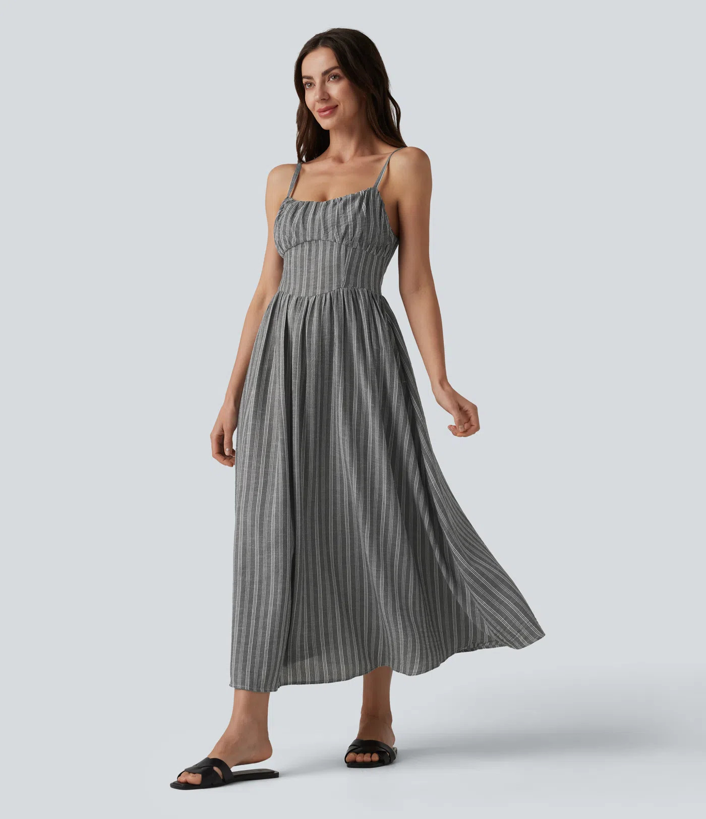 Women’s Corset Lace Up Stripe Flowy Midi Casual Slip Dress with Pockets - Halara | HALARA