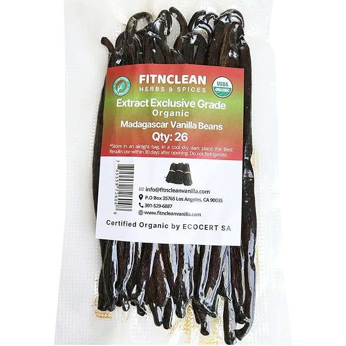 26 Organic Madagascar Vanilla Beans Extract Exclusive Grade B| 4.5" - 5.5" by FITNCLEAN VANILLA| ... | Amazon (US)