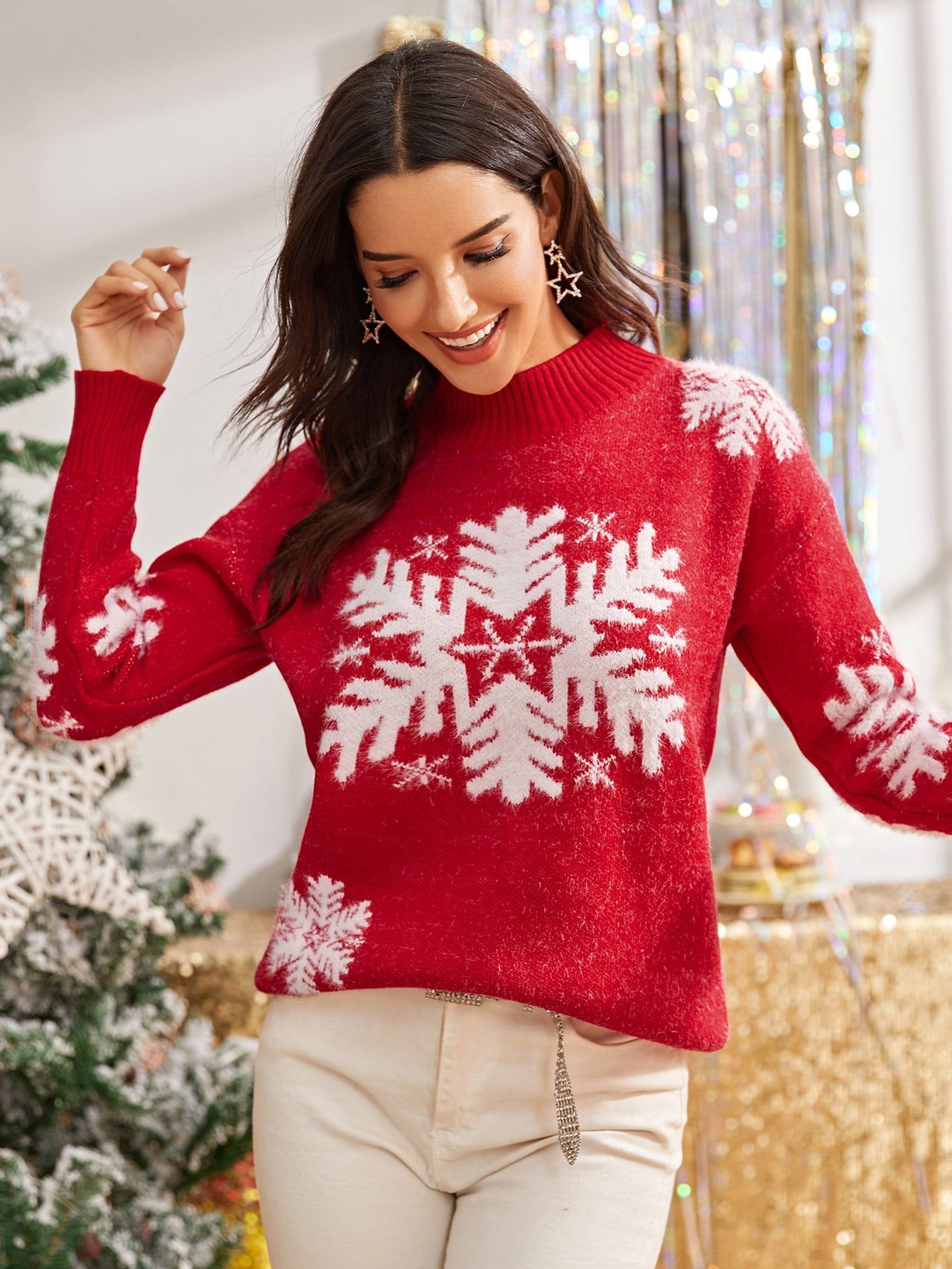 Snow Pattern Mock Neck Sweater | SHEIN