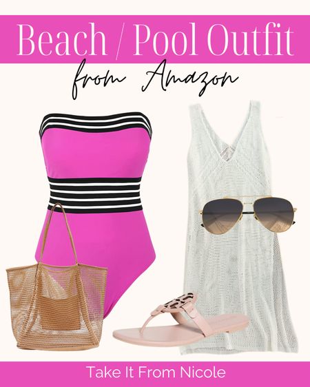 Beach / pool outfit from Amazon! Items include a hot pink and black swimsuit, a white cover up, aviator sunglasses, a nude beach bag and nude flip flops. Amazon finds, Amazon style, Amazon fashion, mom style, mom finds, mom fashion, beach fashion, pool fashion, vacation find. 

#LTKunder100 #LTKswim #LTKtravel