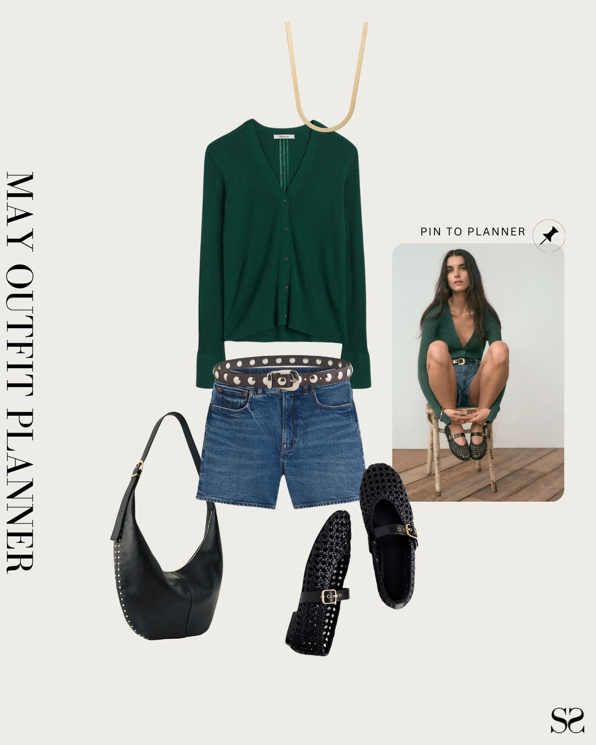 Monthly outfit planner MAY: Spring looks, pin to planner outfit inspo | green cardigan, denim shorts, embellished belt, woven flats, leather studded tote 

#springoutfit #casualoutfit

Image credit: Madewell


#LTKStyleTip
