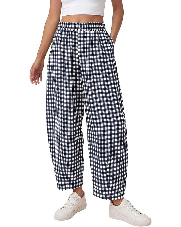 PRETTYGARDEN Plaid Barrel Pants Women Summer 2026 Casual Loose Wide Leg Lounge Gingham Trousers S... | Amazon (US)