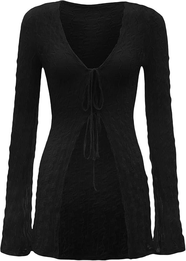 WDIRARA Women's Sheer Mesh Deep V Neck Tie Front Long Sleeve See Through Top | Amazon (US)