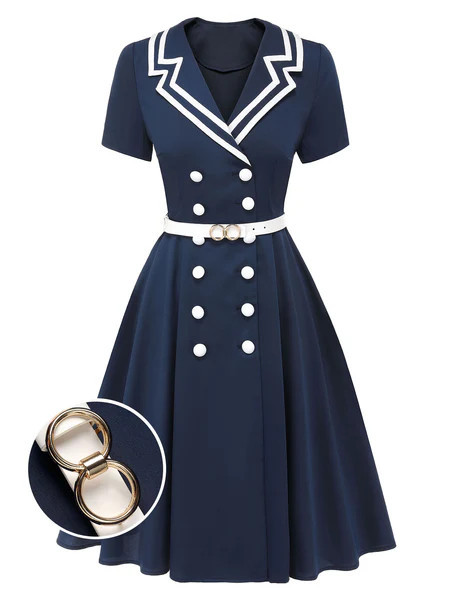 Dark Blue 1950s Sailor Style Double Breasted Dress | Retro Stage