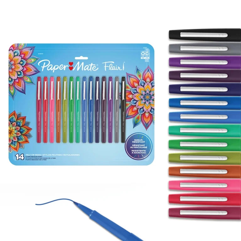 Paper Mate Flair Felt Tip Pens, #1 Teacher Choice, Medium Point (0.7mm), Assorted Colors, 14 Coun... | Walmart (US)
