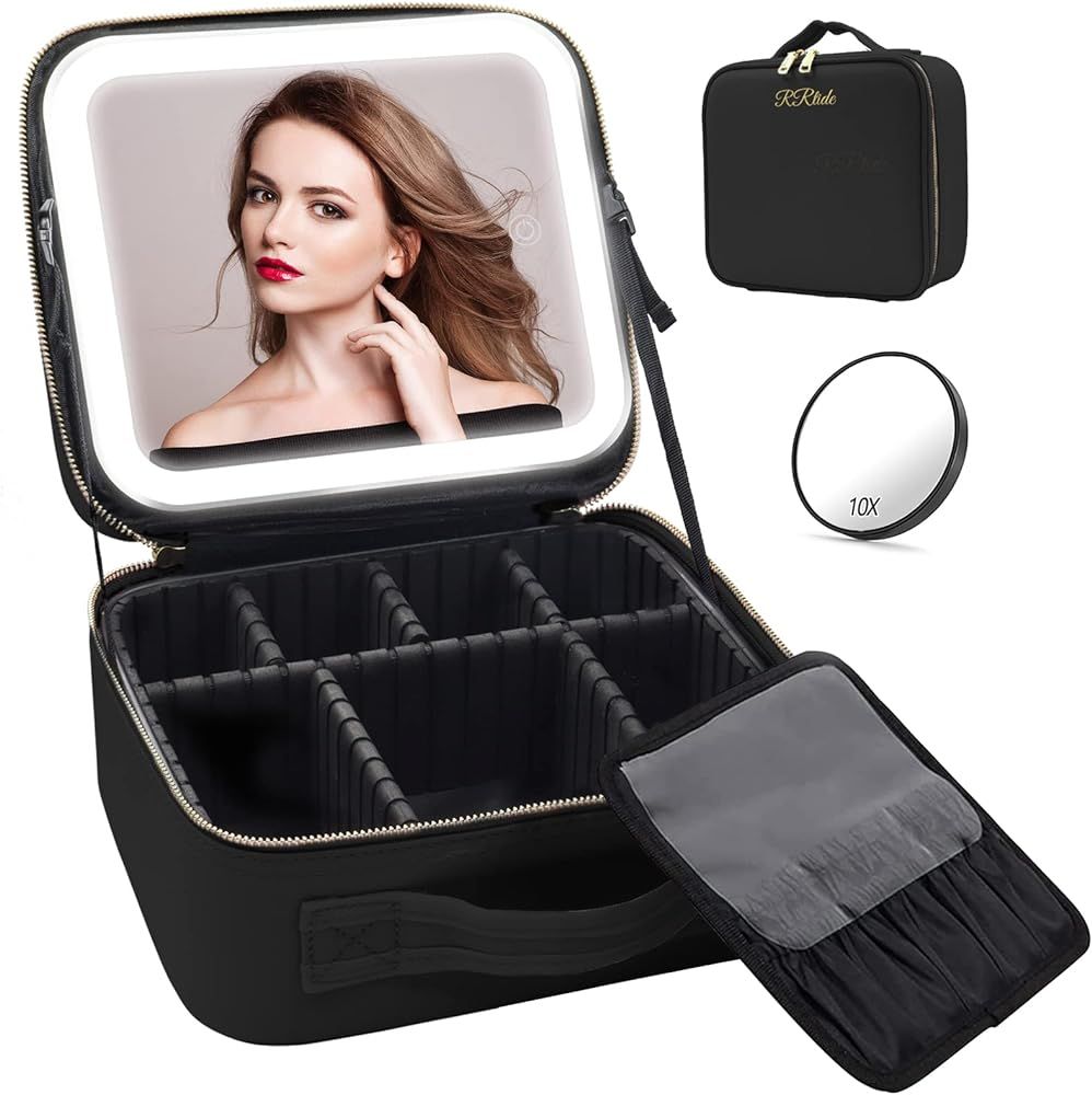 RRtide Travel Makeup Bag with Mirror of LED Lighted, Makeup Train Case with Adjustable Dividers, ... | Amazon (US)