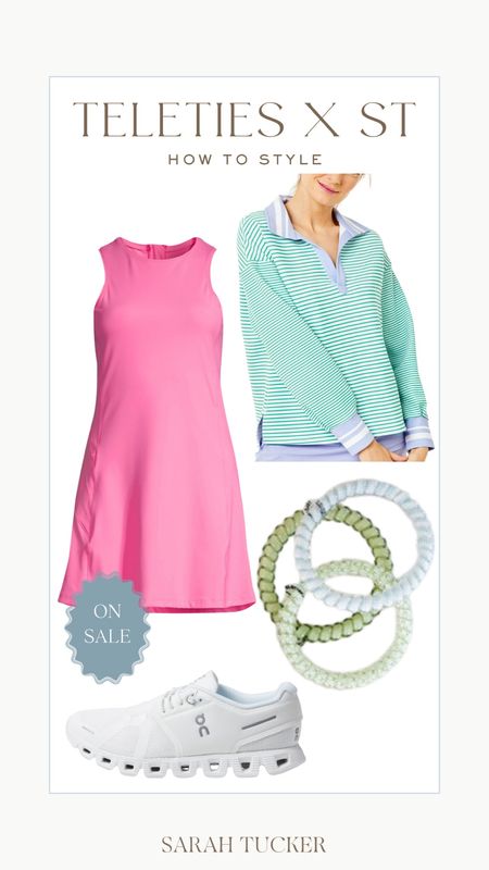 Cute activewear outfit for spring. This pink tennis dress is on sale! I own it in other colors and I love it. And how adorable is this green striped rugby pullover!? Would look great with white on cloud sneakers and Teleties hair ties. 

Casual outfit, casual style,  mom style, activewear outfit, active style, athleisure wear, sale alert, tennis skirt, pickleball 

#LTKfindsunder100 #LTKsalealert #LTKSeasonal