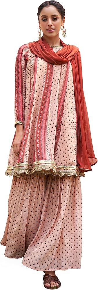 Janasya Indian Women's Pink Georgette Digital Floral Printed Kurta with Palazzo and Dupatta | Amazon (US)