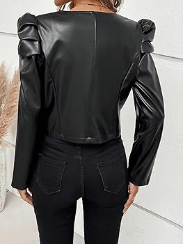 MakeMeChic Women's Faux PU Leather Long Puff Sleeve Zip Up Crop Patent Jacket Coat | Amazon (US)
