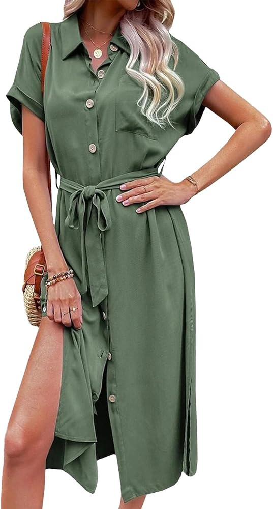 Women's Button Down Collar V Neck Short Sleeve Split Hem Tie Waist Midi Shirt Dress with Pockets | Amazon (US)