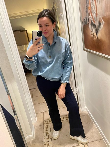 Mom uniform, easy to wear outfit for casual workday or mom on the go 
Chambray popover, runs big, size down, on sale for under $55  
Donni rib knit kick flare pants in navy - expensive but worth it! Run tts 
Veja esplar sneakers 


#LTKshoecrush #LTKstyletip #LTKsalealert