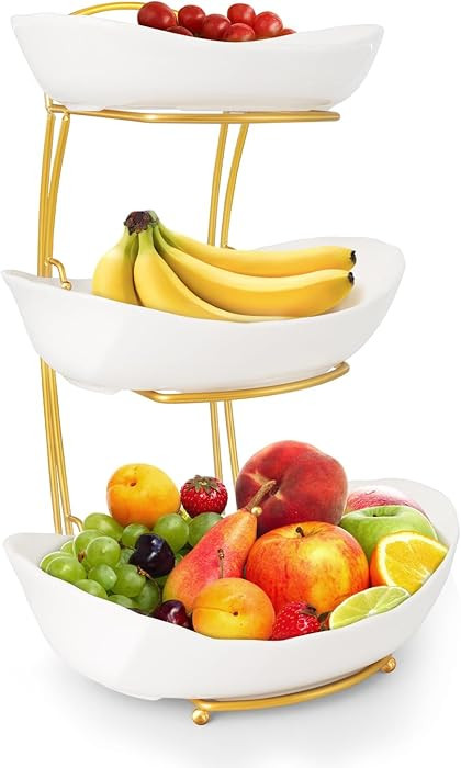 KXSGKRR 3 Tier Fruit Bowls for Kitchen Counter, White Ceramic Serving Bowls with Gold Metal Stand... | Amazon (US)