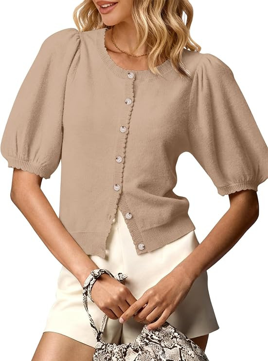 GREAIDEA Womens Puff Short Sleeve Cardigan 2026 Summer Button Down Sweater Tops Business Casual O... | Amazon (US)
