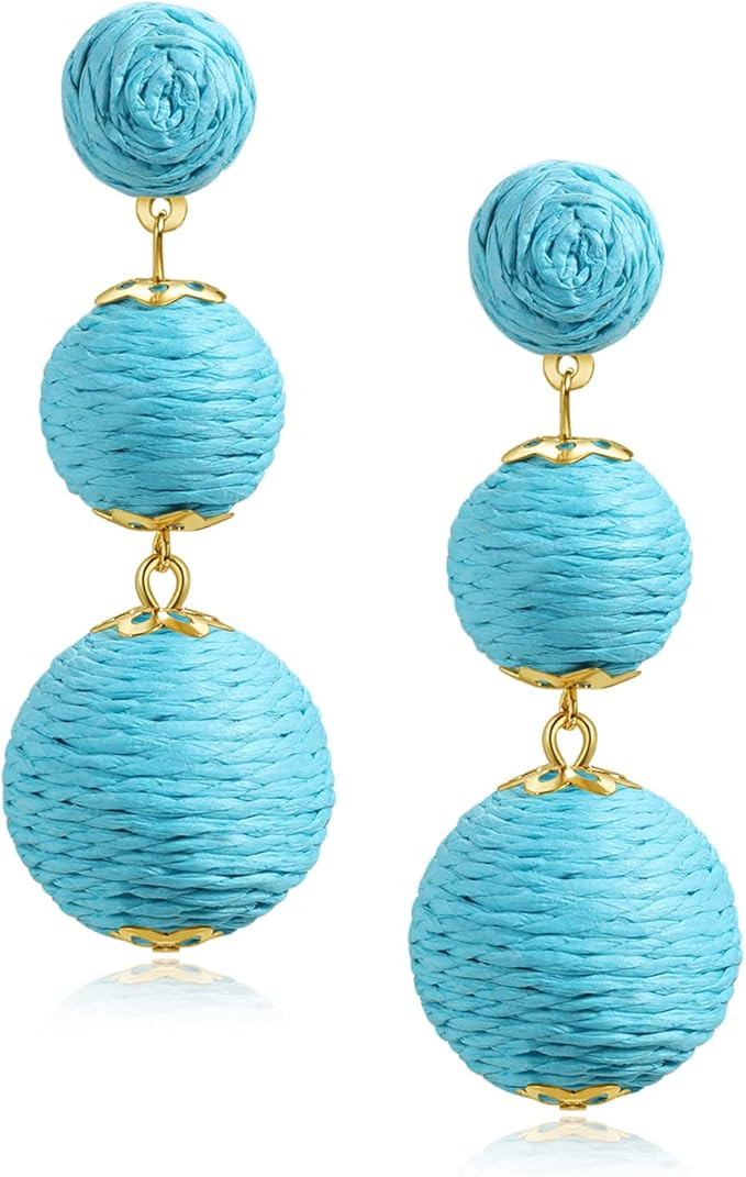 Raffia Ball Earrings Boho Long Rattan Raffia Drop Dangle for Women Lightweight Straw Wicker State... | Amazon (US)