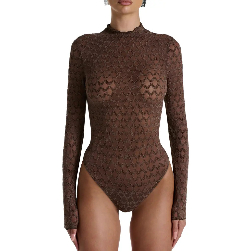 Naked Wardrobe Flocked Velvet Lace Mock Neck Long Sleeve Bodysuit in Chocolate at Nordstrom Rack, Size X-Small | Nordstrom Rack