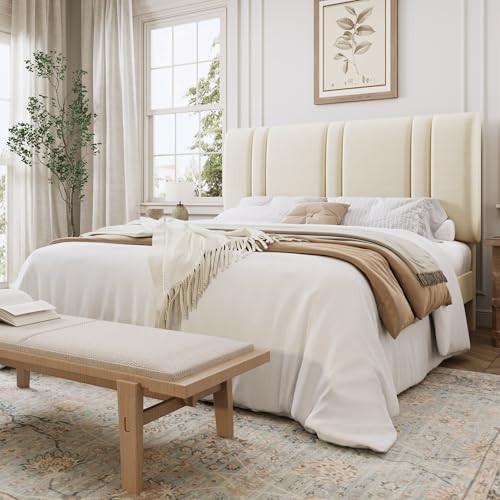 SHA CERLIN Full Size Platform Bed Frame, Velvet Upholstered Bed with Adjustable Headboard, Vertical Channel Tufted Design, Sturdy Wood Slat Support, No Box Spring Needed, Easy Assembly, Cream White | Amazon (US)