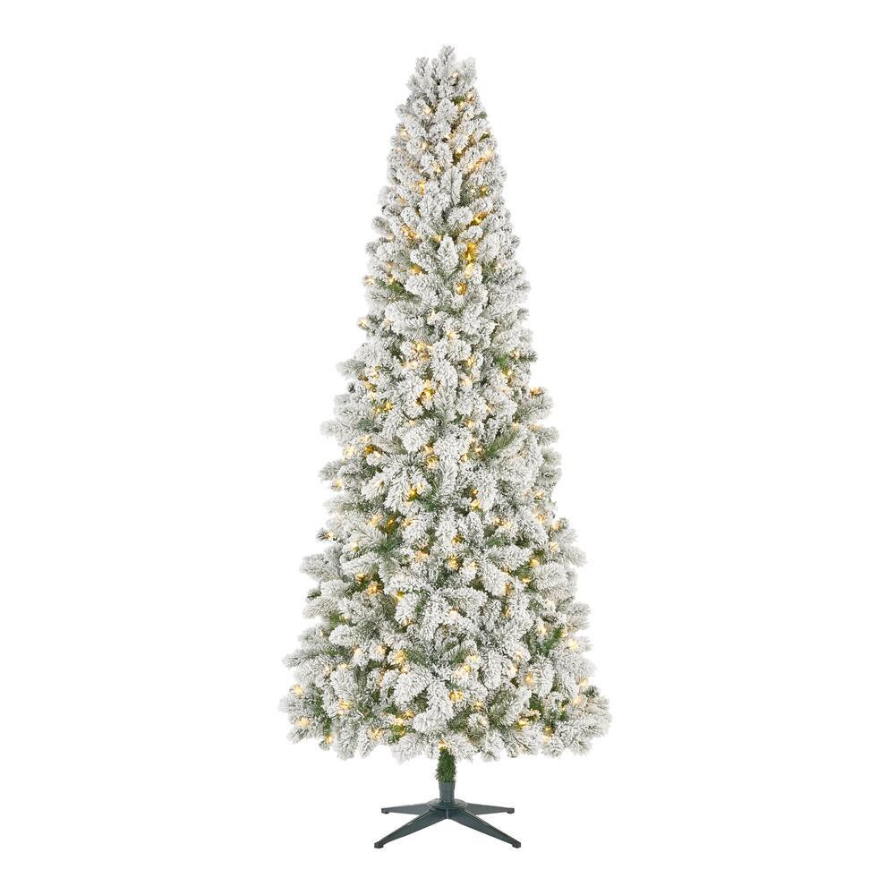 9 ft. Pre-lit LED Heavy Flocked Wesley Slim Long Needle Artificial Christmas Pine with 550 SureBr... | The Home Depot