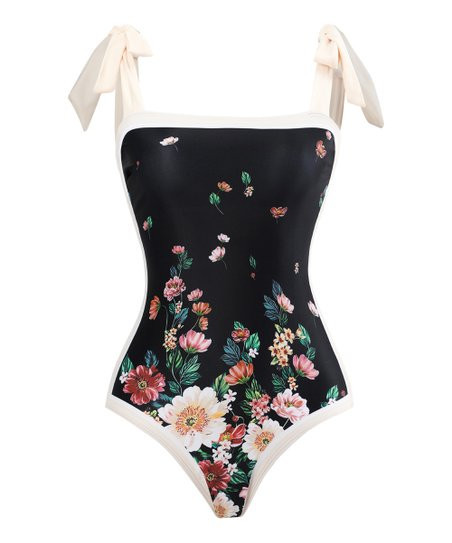 Doris Black & White Floral Tie-Strap Square Neck One-Piece - Women | Zulily