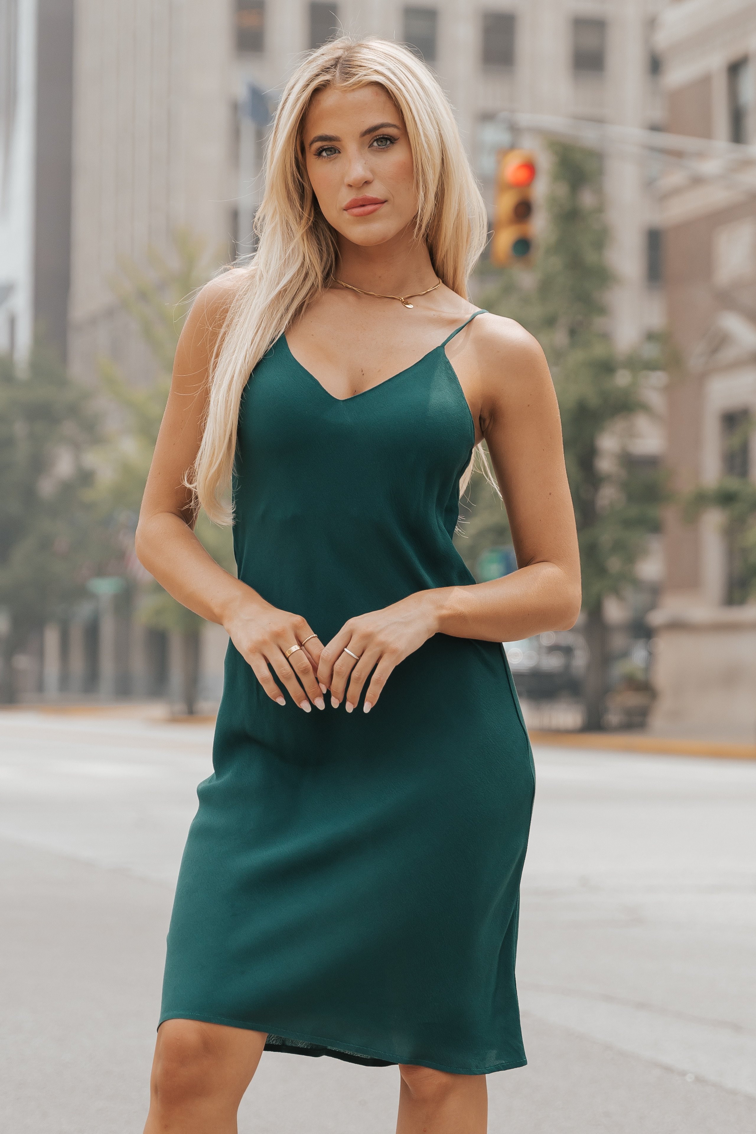 Emerald Green V Neck Slip Dress | Magnolia Boutique