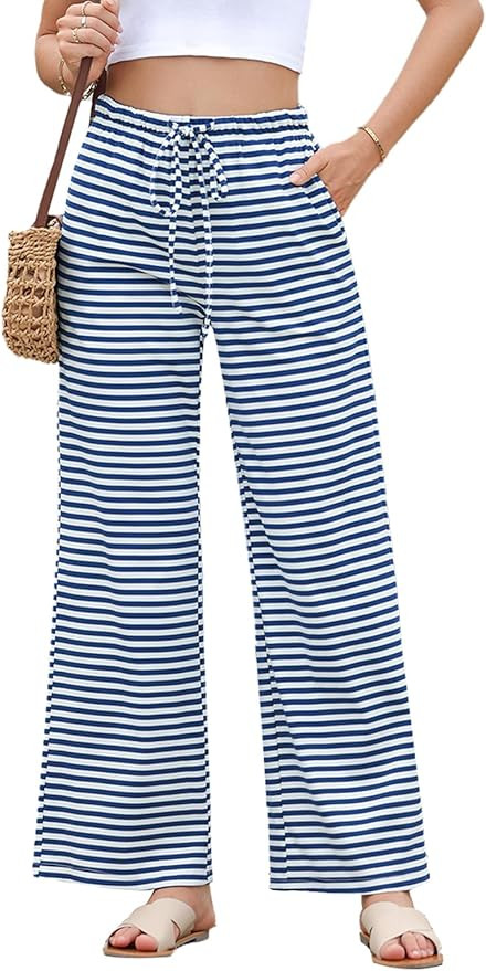 EVALESS Wide Leg Pants for Women Drawstring Elastic Waist Striped Kint Lounge Trousers Sweatpants... | Amazon (US)