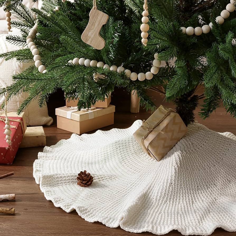 LimBridge Knitted Christmas Tree Skirt: 36 Inches Cream White Tree Skirt, Lotus Leaf Edge Cable K... | Amazon (US)