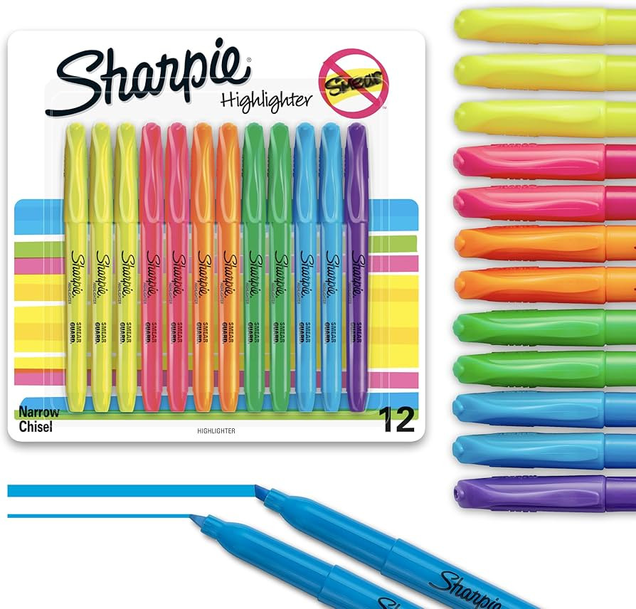 Sharpie Pocket Highlighters, Chisel Tip, Quick Dry, Assorted Fluorescent Colors, 12 Count - For S... | Amazon (US)