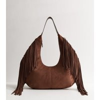 Dark Brown Faux Suede Fringed Slouchy Shoulder Bag New Look | New Look (UK)