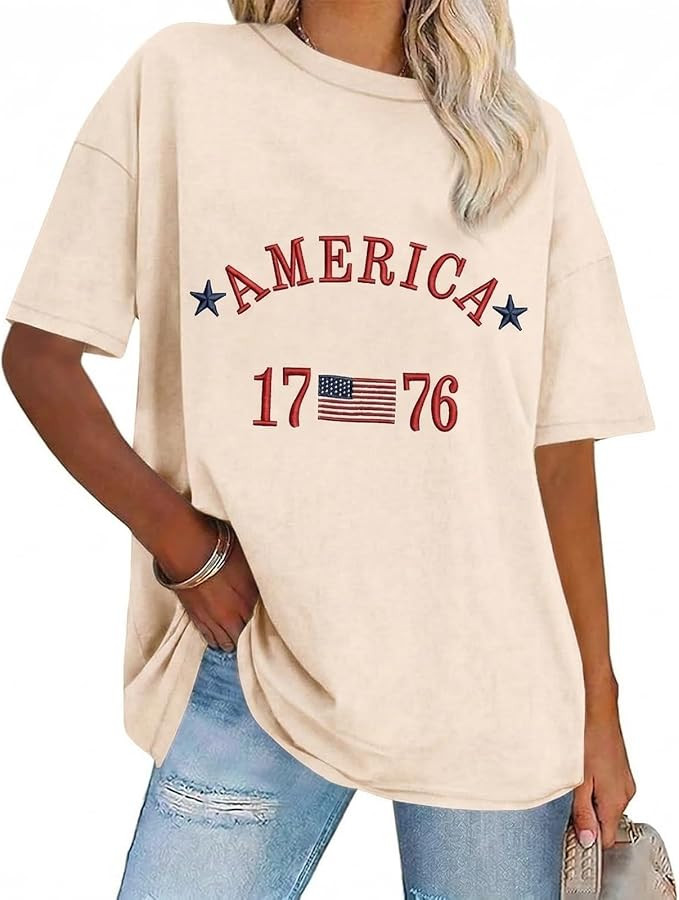 4th of July Shirts Women Embroidered 1776 American Flag Shirt 2026 Patriotic Shirts Oversized Sho... | Amazon (US)
