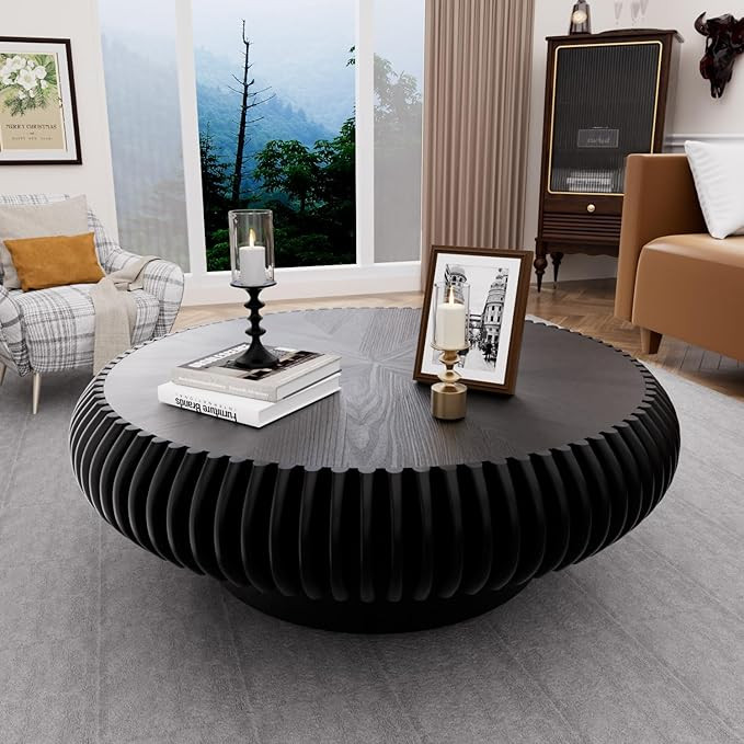 39.3" Drum Coffee Table Modern Unique Fluted Tea Table Contemporary Wood Round Coffee Table with ... | Amazon (US)