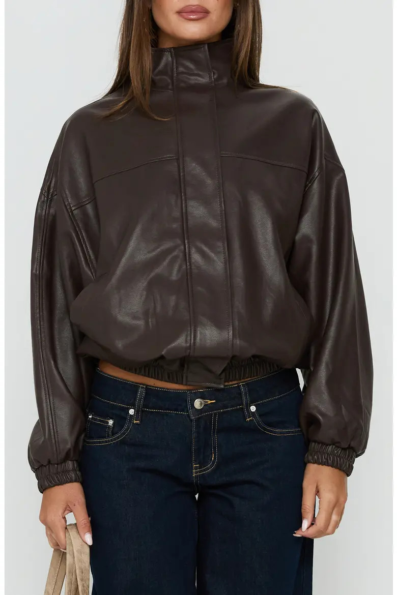 Princess Polly Dialtone Funnel Neck Faux Leather Jacket in Washed Brown at Nordstrom, Size Large/x-Large | Nordstrom