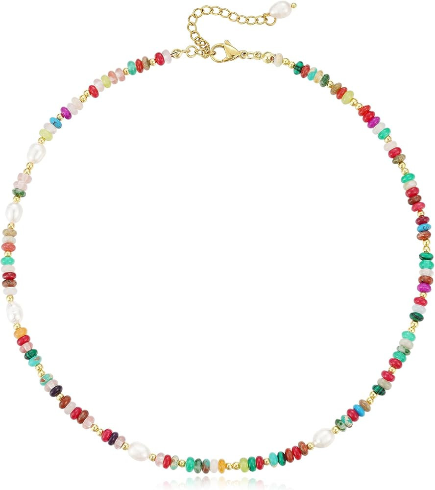 KissYan Beaded Choker Necklace for Women, Colorful Natural Gemstones Pearl Choker 14K Gold Plated... | Amazon (US)
