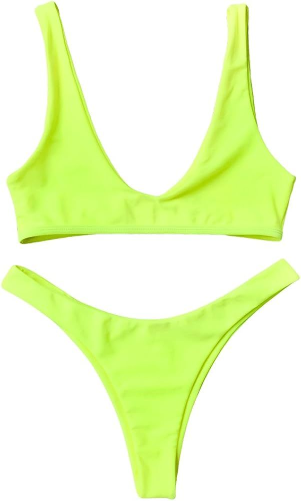 ZAFUL Women Textured Cutout High Cut Bikini, 2 Pieces U Neck High Cut Swimsuit Swimwear | Amazon (US)