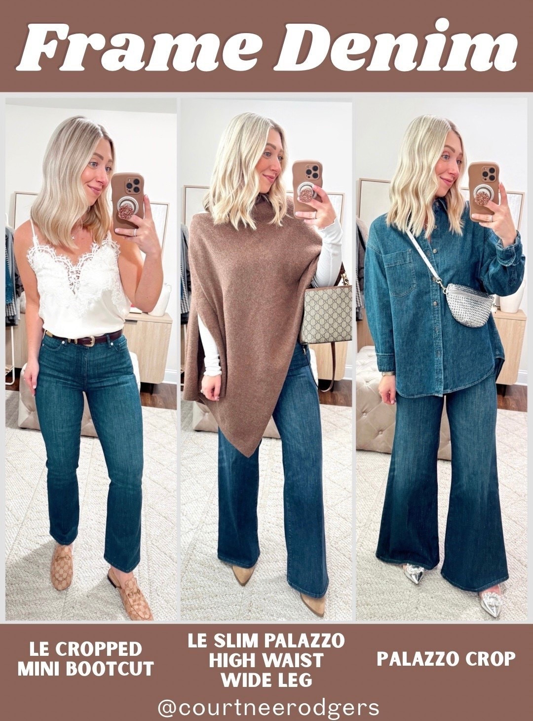 👖 Photo 1: LE CROPPED MINI BOOTCUT (color: guilty)
👖 Photo 2: LE SLIM PALAZZO
HIGH WAIST WIDE LEG (color: guilty)
👖 Photo 3: PALAZZO CROP (color: guilty)
This exact color (guilty) isn’t available online in the palazzo crop, but it is in another wash (Shade: ASPIRE RAW AFTER)! 

Size 26 in all jeans, they run big, I’m normally a 27! Sweater XS white tank, size XS denim shirt 

5’4” for reference 

Frame denim, designer jeans, Nordstrom rack 

#LTKdayinmylife #LTKSeasonal #LTKGiftGuide