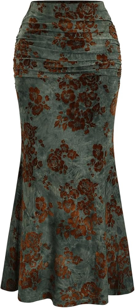 Women's Vintage Goth Floral Ruched Fishtail Long Skirt High Waisted Bodycon Maxi Skirts | Amazon (US)