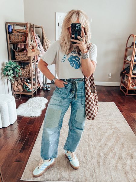 Graphic tee sized up
Jeans sized down two sizes 
Sneaks sized down 
•Save with code MANDIE15 on necklace 

Checkered purse, adidas gazelle, crossbody, Rolling Stones tee 

#LTKshoecrush #LTKover40 #LTKstyletip