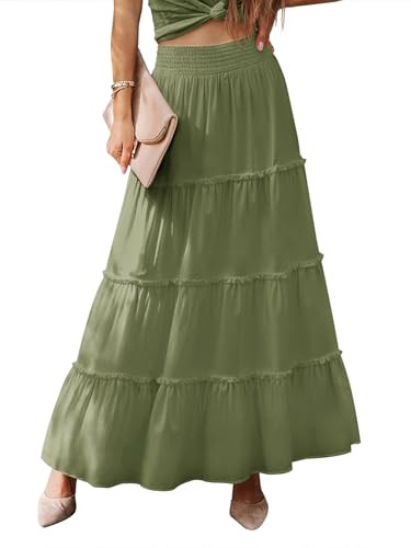 Women’s Summer Boho Maxi Skirts Smocked High Wasited Flowy Tiered Ruffle A Line Long Beach Skir... | Amazon (US)