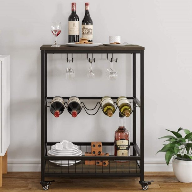 Bar Carts Mobile Wine Cart, Homfa Wine Rack Table with Glass Holder Kitchen Serving Cart, Dark Br... | Walmart (US)