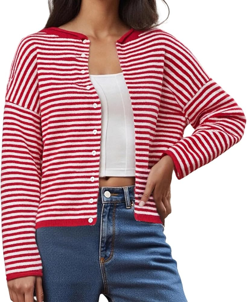 Muineobuka Womens Striped Cardigan Sweater Casual Crew Neck Open Front Button Down Long Sleeve Kn... | Amazon (US)