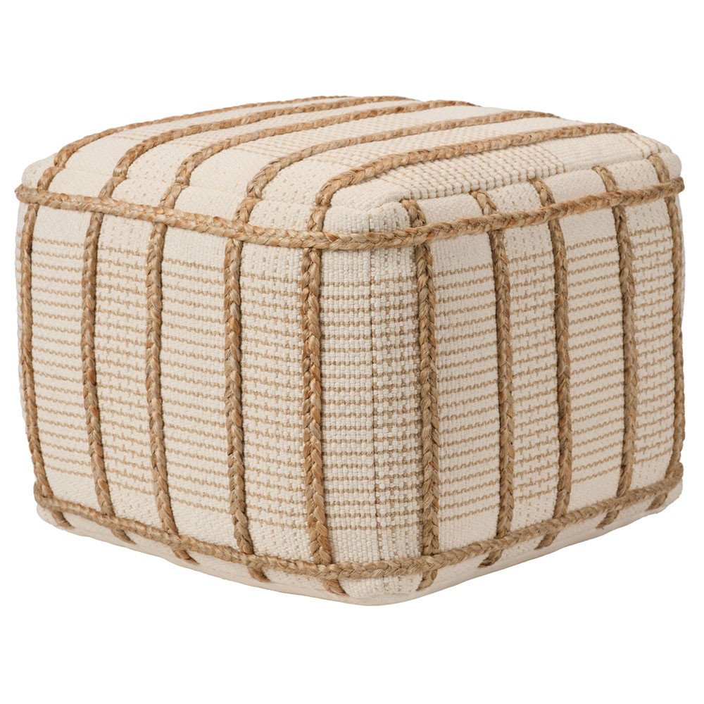 Aelin Coastal Beach Cream Cotton Braided Jute Square Pouf | Kathy Kuo Home