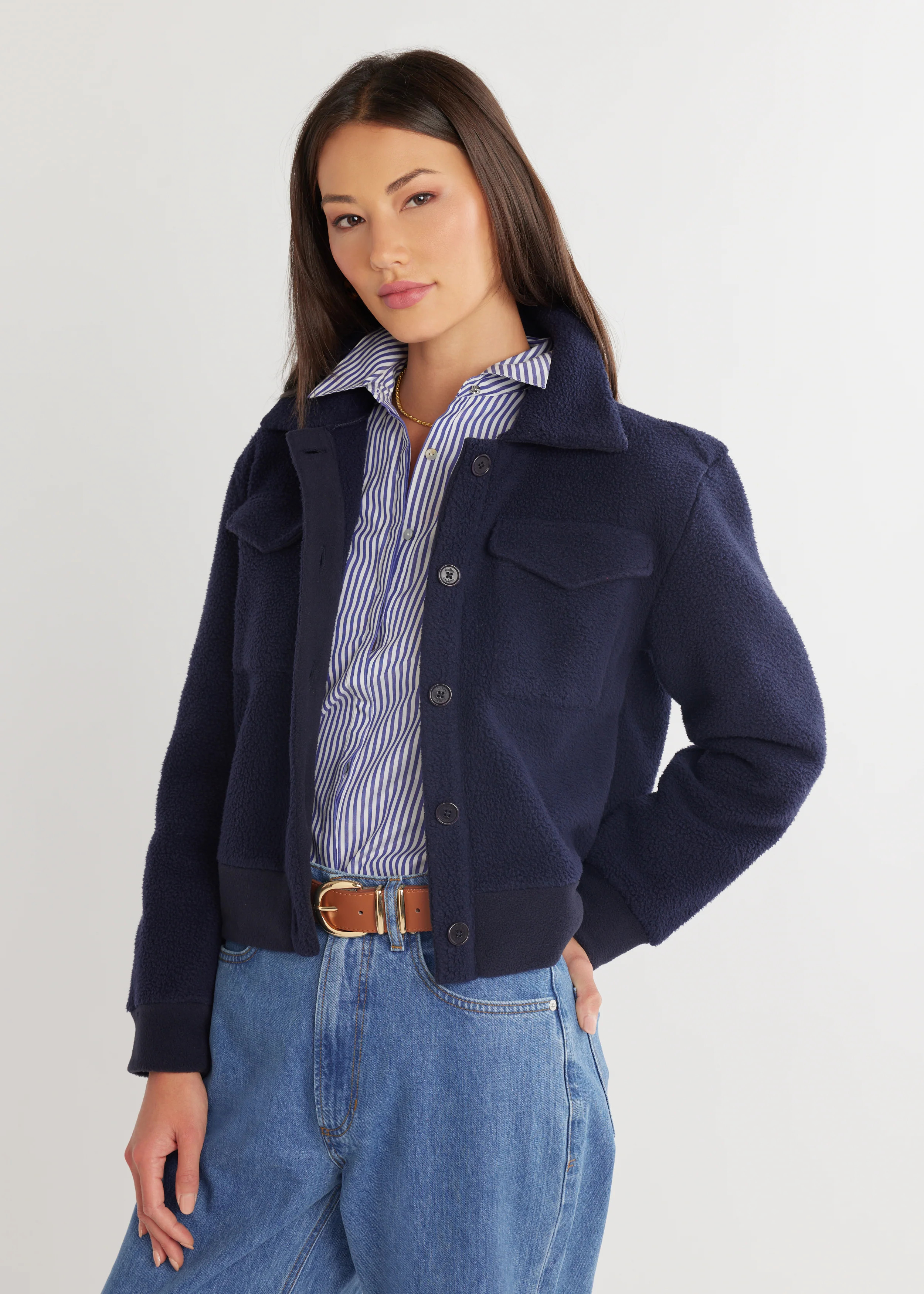 Kentfield Jacket in Sherpa Fleece (Navy) | Dudley Stephens